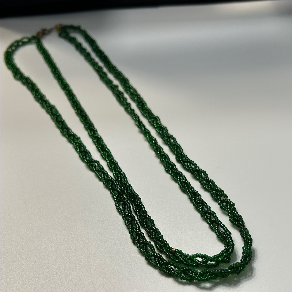 Vintage Double Strand Emerald Green Braided Seed Beaded Necklace 26 Inch